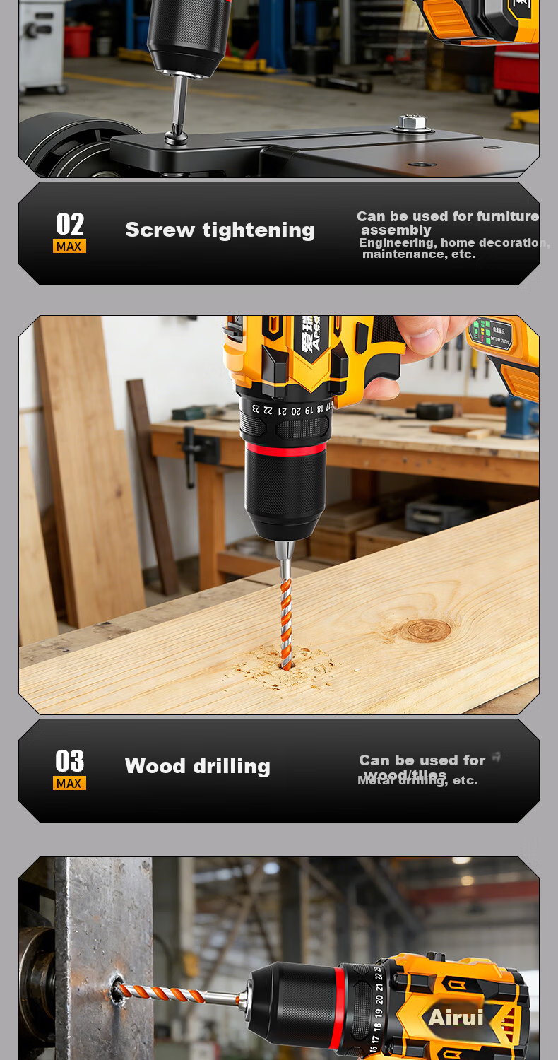 Aired Brushless Cordless Electric Drill Household Lithium Battery Electric Screwdriver Rechargeable Power Drill Handheld Drill Electric Tool 7