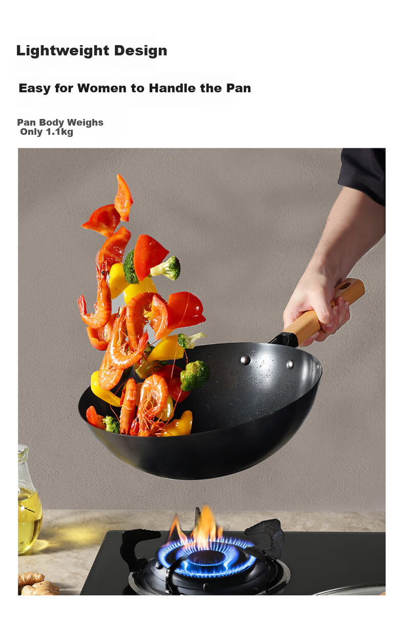 Carote Iron Wok, Home Cooking Pan, Non-Coated Non-Stick Pan, Suitable for Induction And Gas Stoves, Traditional Style, 32cm with Lid 7