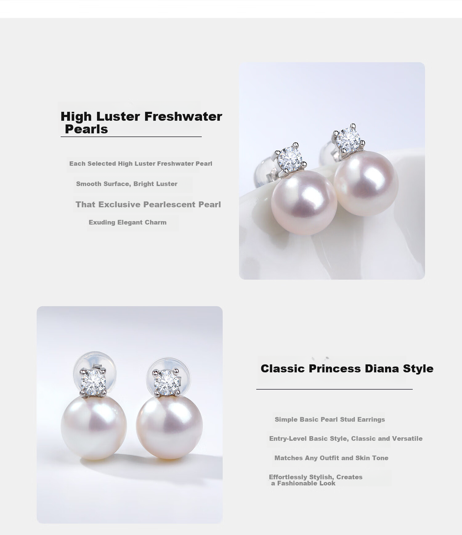 Daimi S925 Silver 10-11mm Round Freshwater Pearl Stud Earrings Princess Style Mother's Day Gift for Girlfriend Wife 14