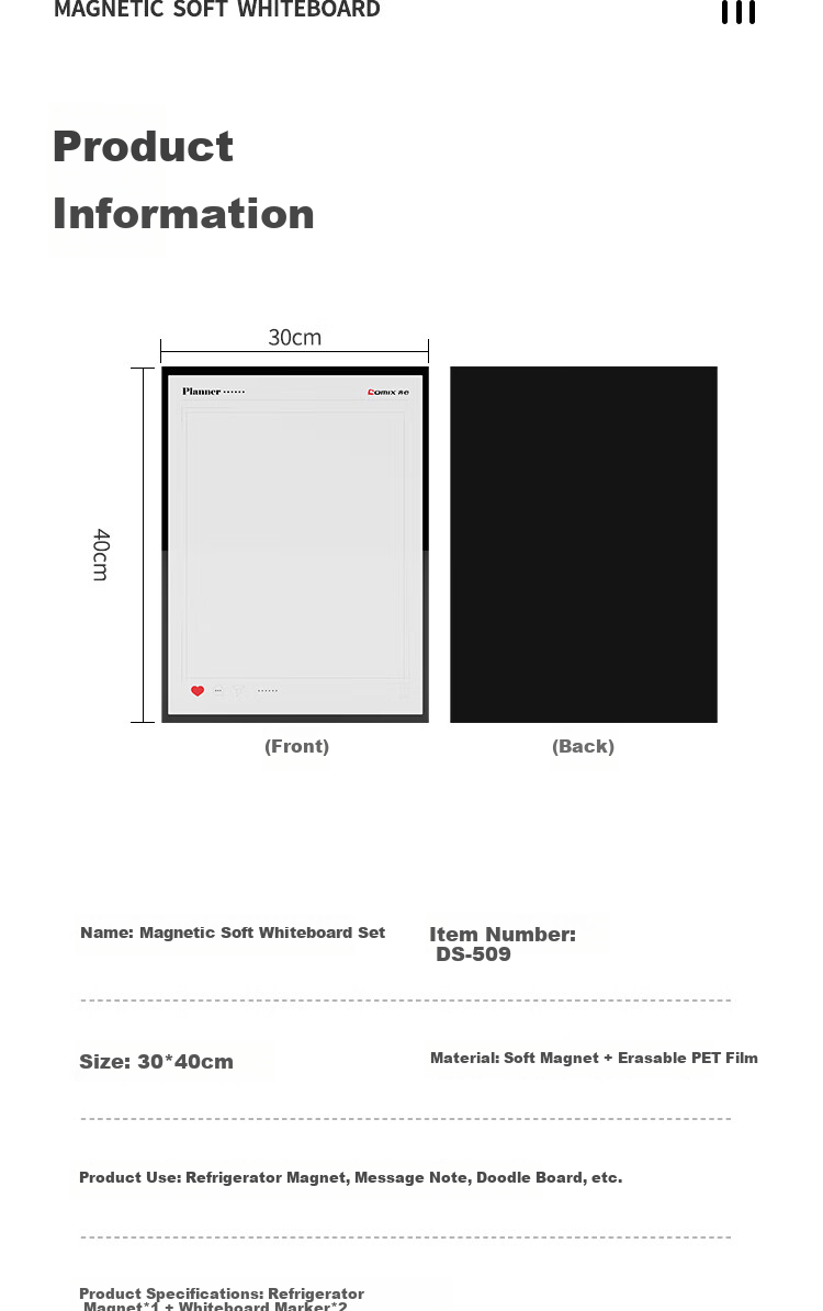 COMIX Magnetic Refrigerator Memo Board Soft Magnetic Whiteboard Set DS-509 for Home Use, Kids Doodle Board with Erasable Whiteboard Marker 6