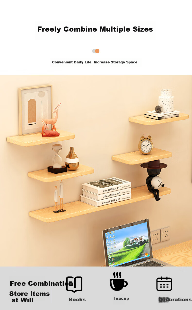 Fanshe Living Room Wall Shelf Storage Rack, Bedroom Bedside Simple Storage Bookshelf White Set 4
