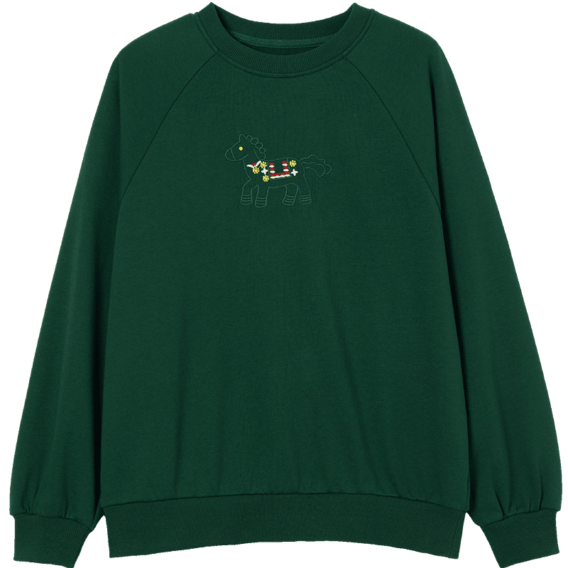 Demana [Cloud Oxygen Cotton Series] Summer Heavywork Pony Embroidery Crew Neck Long Sleeve Slim Fit Petite Sweatshirt for Women Premium Feel