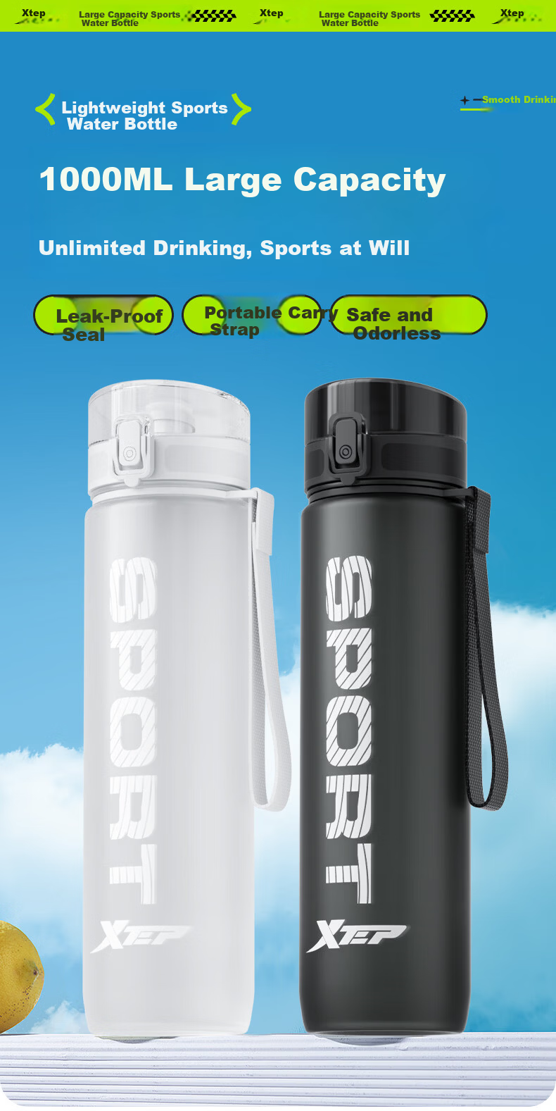 XTEP Sports Water Bottle Large Capacity Student Children School Use Unisex Fitness Portable Bottle High Temperature Resistant Summer Cup Black 3