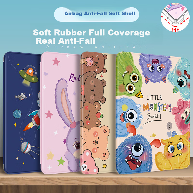 QBOSS iPad 11 Case iPad 10 Protective Cover for Apple 12th Gen 2026 Tablet A19 Full Coverage A16 Soft Silicone Airbag Shockproof Kids Cartoon Cute Monster