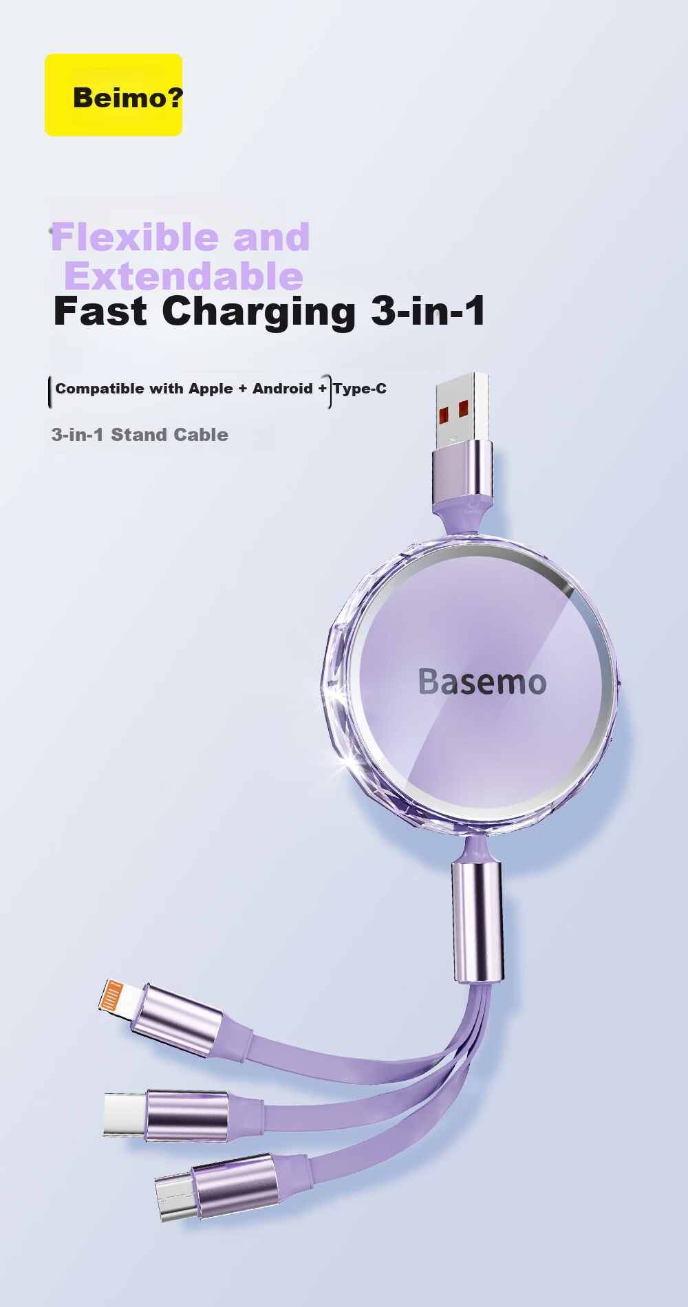 Beimo Three-In Retractable Data Cable, Compatible with Apple Android Type-C, Fast Charging Car Charger for IPhone 18/17 Pro Max, Huawei/Xiaomi Phones, 1.2 Meters Black 1