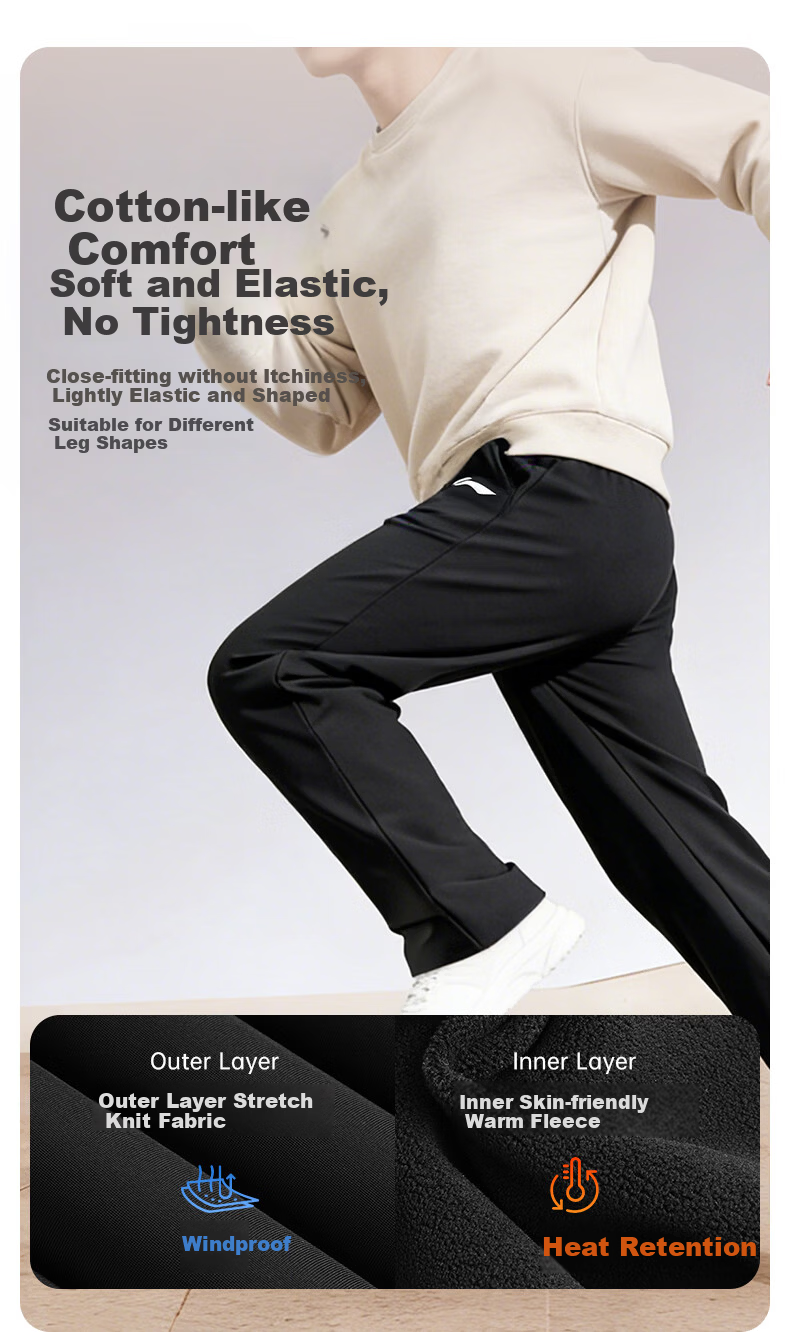 LI-NING Men's Fleece-Lined Jogger Pants Autumn Winter Warmth Windproof Comfortable Casual Loose Fit Trousers S 5