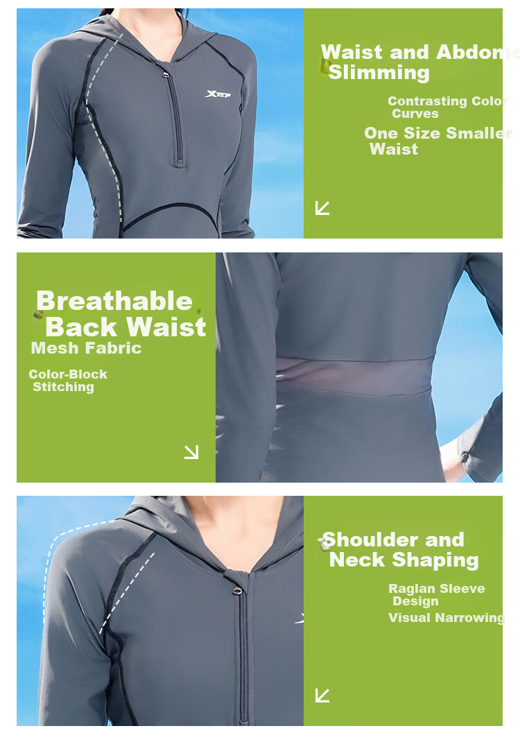 Xtep Women's Long Sleeve Long Pants Swimsuit Slimming Two-Piece Modest Plus Size Training Wetsuit 8