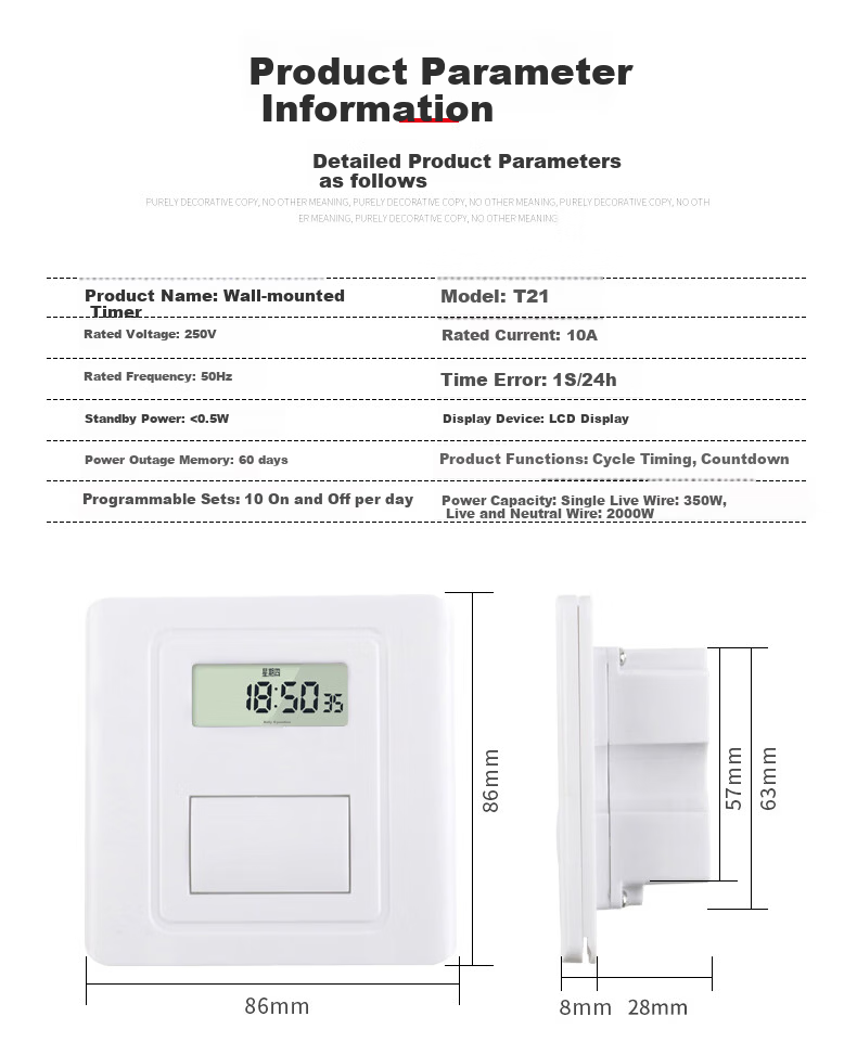Xiya T21 Panel Timer Switch 250V Fully Automatic Wall-mounted Smart Time Control Microcomputer Advertising Light Timer 8