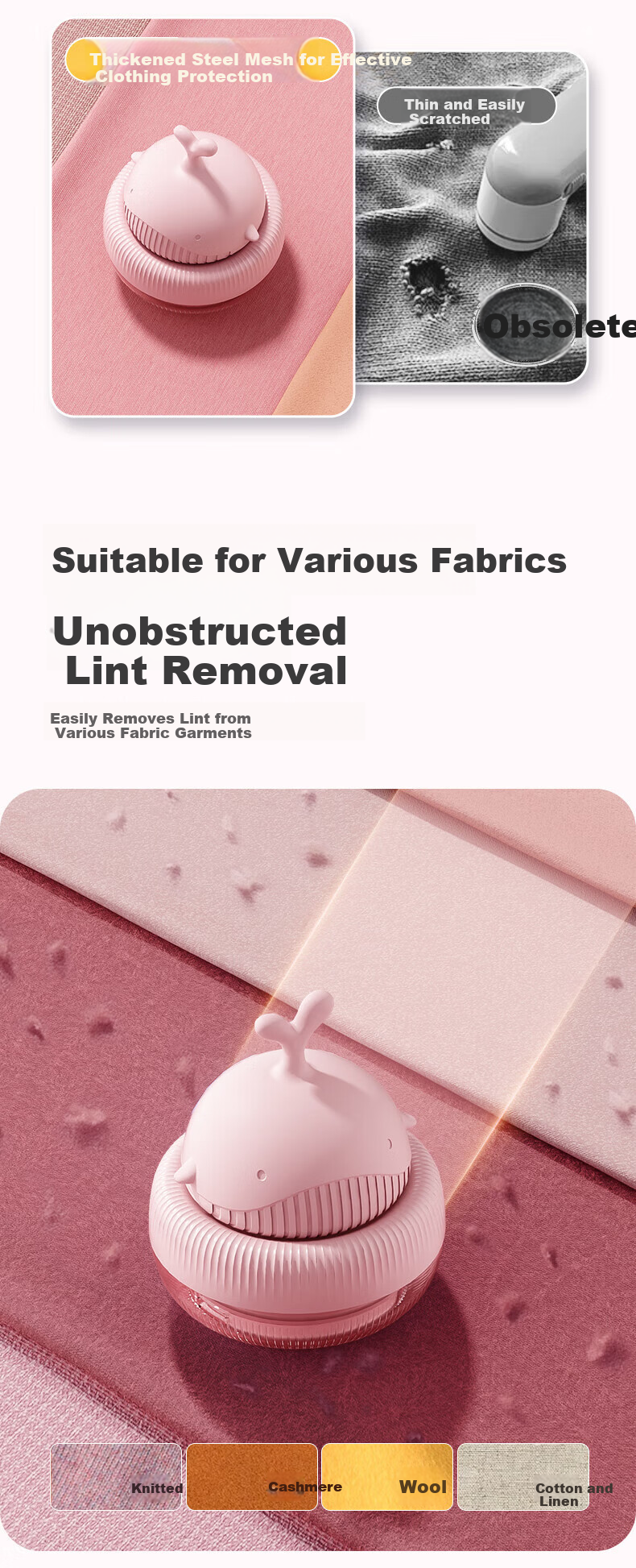 AUX Fabric Shaver Lint Remover Hair Trimmer Clothes Defuzzer Pilling Remover Hairball Remover Pink with 3 Replacement Blades 13