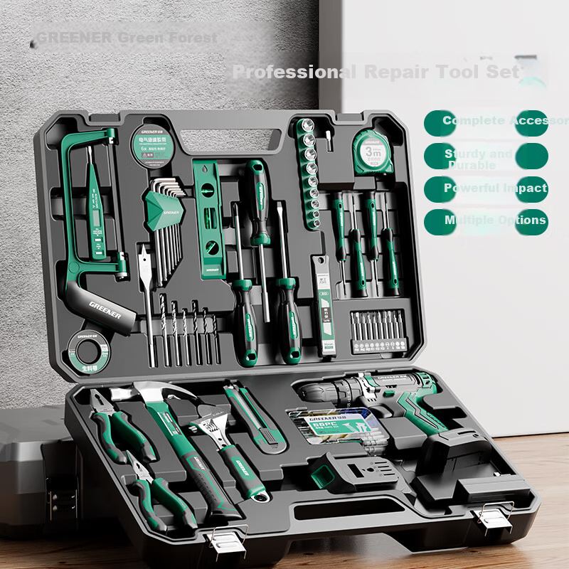 Green Forest 34-Piece 12V Lithium Drill Set Multifunctional Household Toolbox Hardware Electrician Carpenter Repair Kit