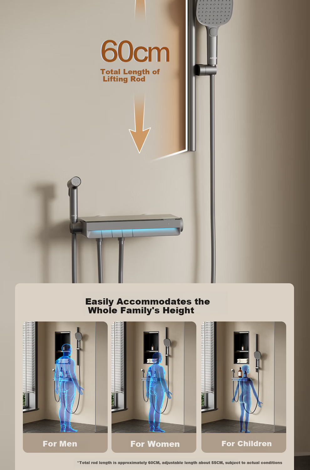 ARROW F600 Three-Function Shower Head with Piano Key Large Storage and Pressure Boosting Spray Set AE33185MZGGSP-P 7