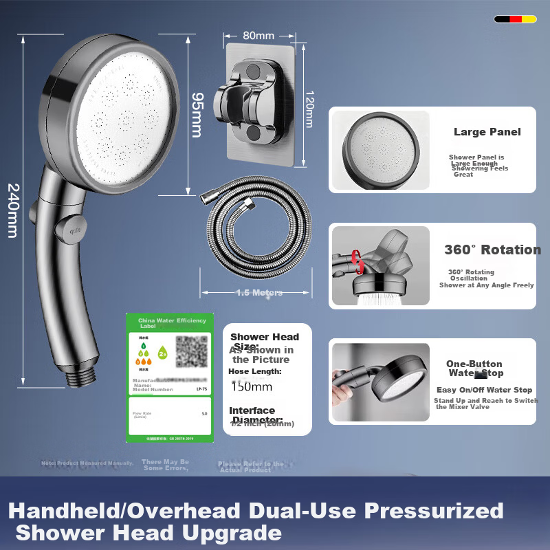 HOMK [Germany] Adjustable Elbow Shower Head Set with Pressurized Top Spray Handheld Shower Head 4