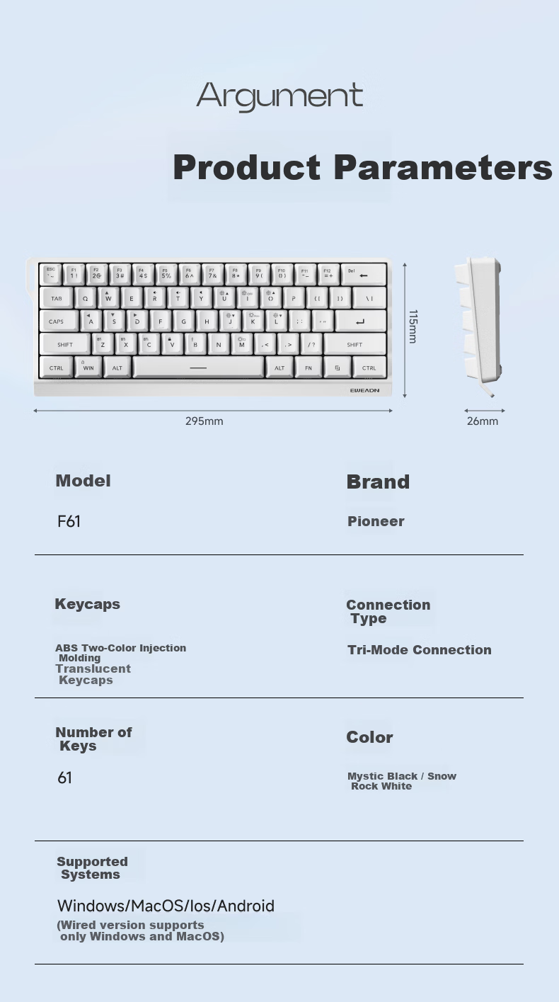 EWEADN F61 Wireless Keyboard Wired Bluetooth Tri-mode Silent Mechanical Feel Gaming Portable 61-Key Membrane Keyboard for PC Laptop Tablet iPad BlackBerry 8