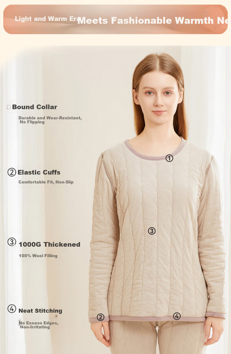 Caiyue 100% Wool Filled Women's Thermal Underwear Fleece Lined Thickened Winter Ultra Warm Cold Resistant Autumn Shirt and Pants Set 9
