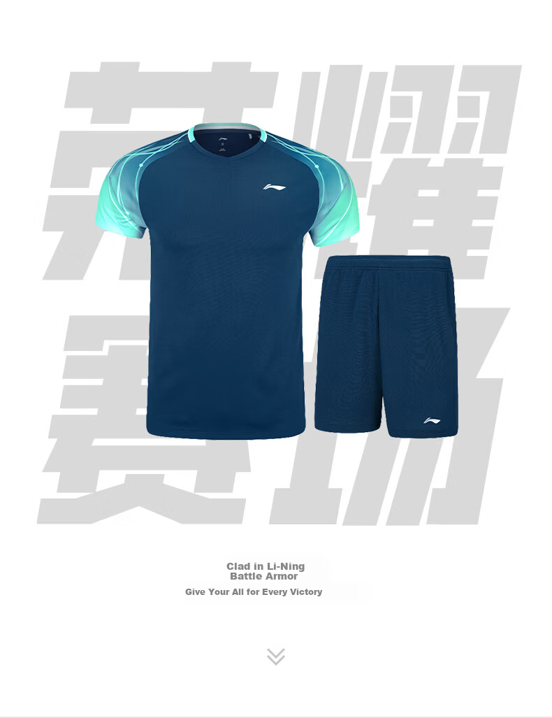 LI-NING Badminton Shirt and Shorts Set for Men, Women, and Kids, Sea Blue, Size S 3