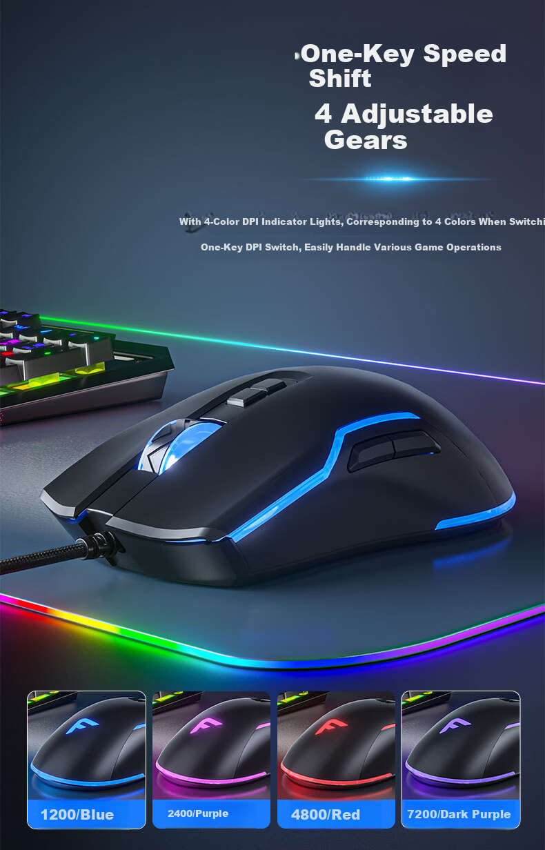 Founder Seven-Color Mixed Light Wired Gaming Mouse 4-Level Up to 7200DPI Esports-Grade Chip Gaming Office Mouse Universal for PC Laptop G900 Black 4