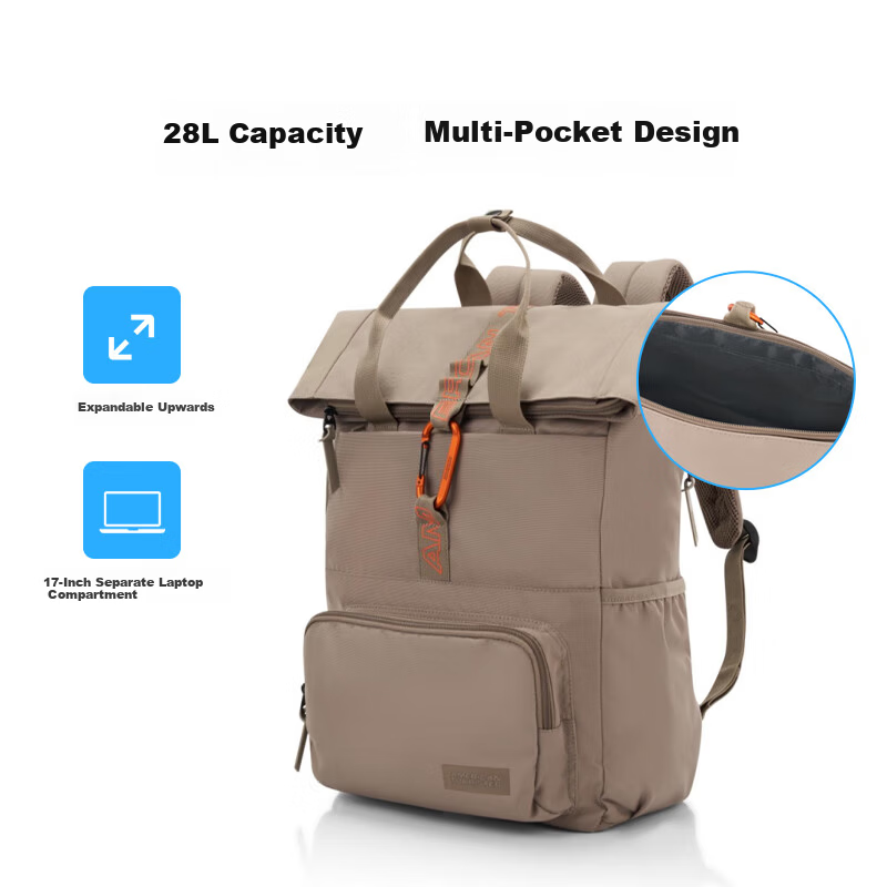American Tourister Men's Large Capacity Backpack Travel Bag Laptop Bag School Bag Roll-Top UF6 Gray Brown