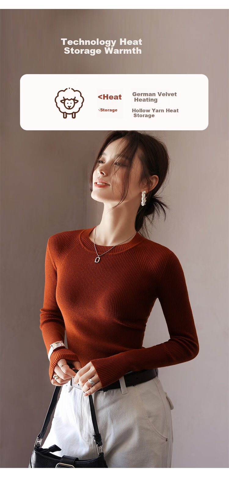 MiiOW Women's Knitted Slim Fit Crew Neck Base Layer Sweater Autumn Winter 2025 New Wool Blend Warm Pullover Top 6