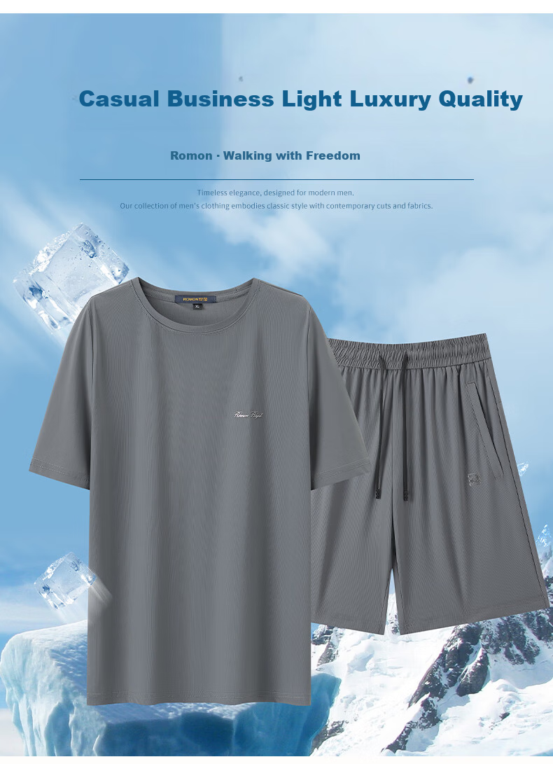 ROMON Men's Summer Ice Silk Casual Short Sleeve T-Shirt and Shorts Set Sportswear TZ2401 Gray XL 1