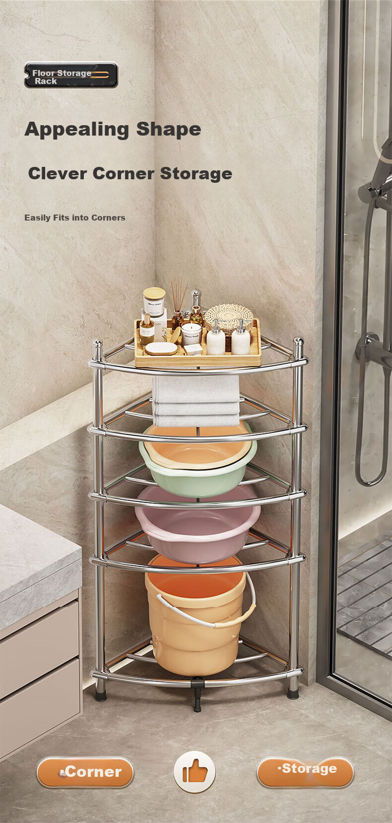 Jingxun Stainless Steel Four-Tier Bathroom Basin Rack Bathroom Storage Shelf Corner Floor Storage Rack 7