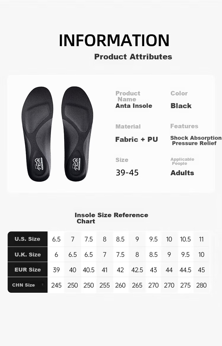 Anta Little Cloud Sports Shock Absorption Breathable Insoles Black Size 10 (Men's US 10 / EU 44) 19
