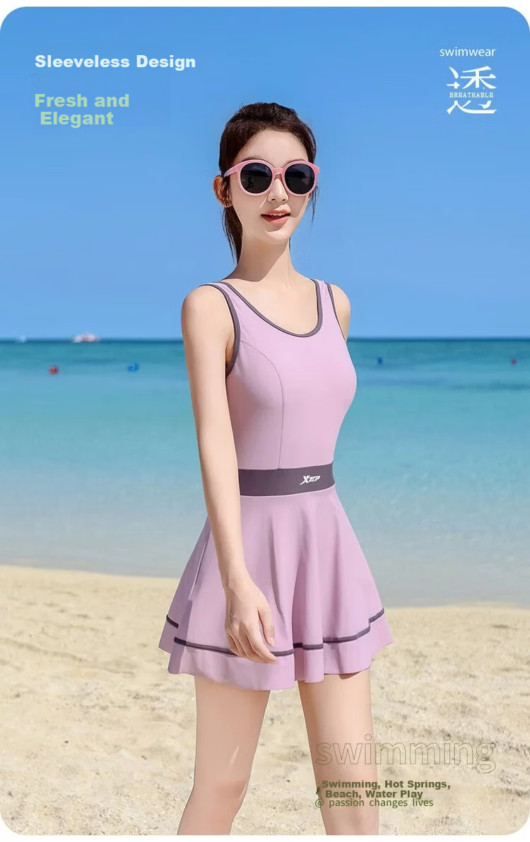 Xtep Women's Sleeveless One-Piece Swim Dress Slimming Tummy Control Conservative Beach Vacation Versatile Swimsuit 2