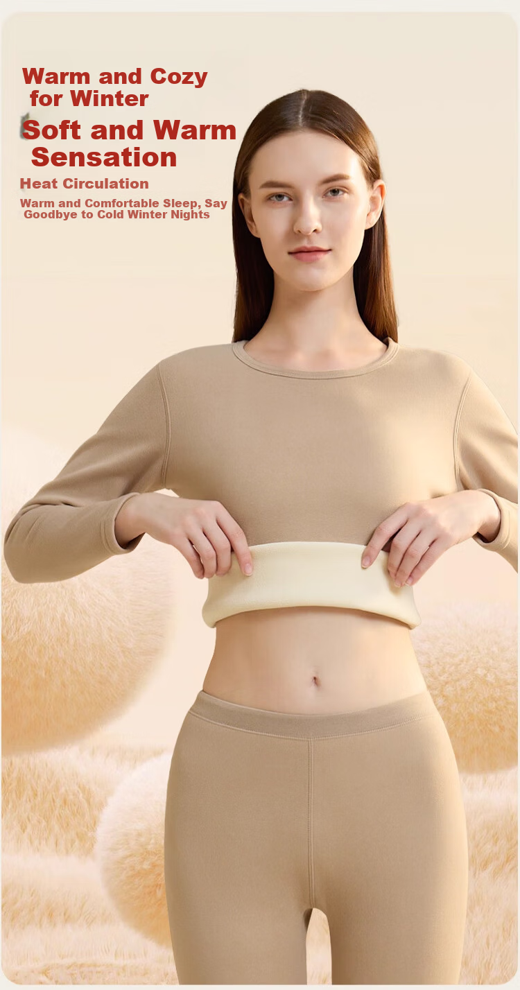 LangSha Women's Thermal Underwear Fleece Lined Thickened Winter Heat Retaining Lamb Wool Crew Neck Base Layer Set Autumn Top and Bottom 10