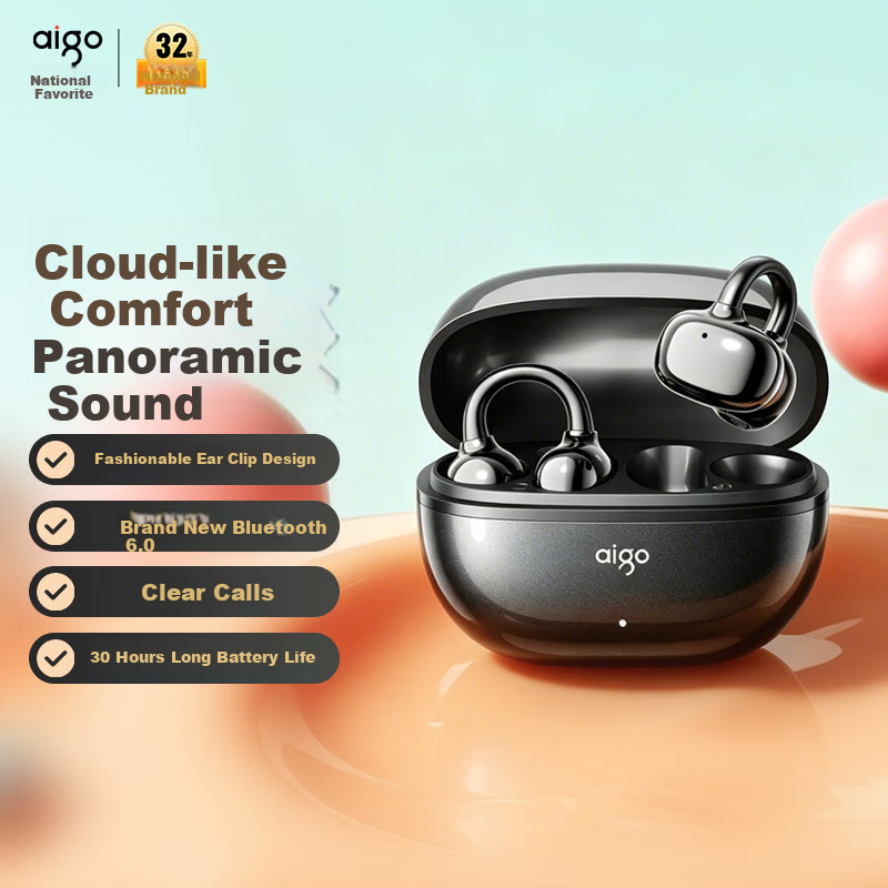 Aigo Bluetooth Ear Clip Open-Ear True Wireless Bluetooth 6.0 Children's Bone Conduction Concept Sports Running Earphones CJ179 Black