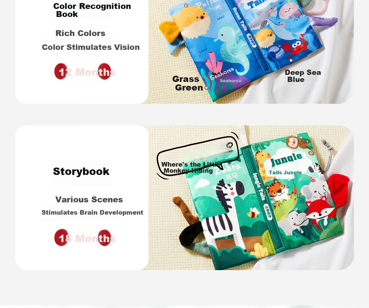 Dimoarch Early Education Cloth Book Baby Teething Washable Tear-Resistant Sound Tail Book Set of 3 for 0-6-12 Months 4