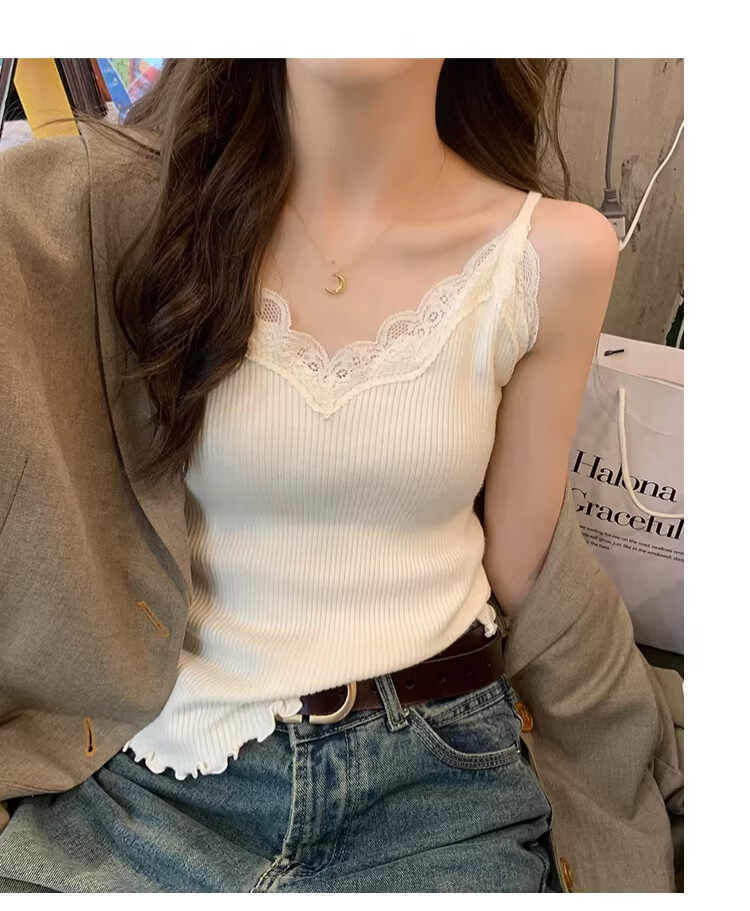 Langsha Lace Camisole Vest Women 2026 New Spring Summer French Style V-Neck Blouse Suit Inner Knit Base Shirt 27