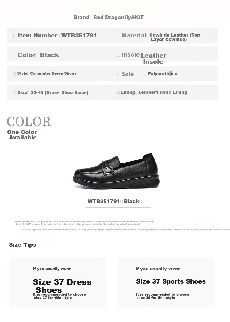 Red Dragonfly Women's Middle-aged and Elderly Mom Leather Shoes Cowhide Slip-on Loafers Soft Sole Flats WTB351791 Black Size 37 4