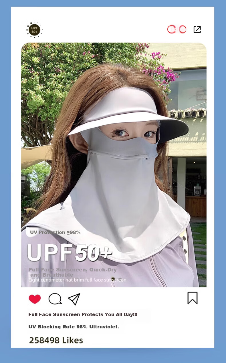 XUEXIMAN Women's Summer Sunscreen Face Mask UV Protection Ice Silk Full Face Neck Guard Breathable Cycling Hat and Mask Set 2