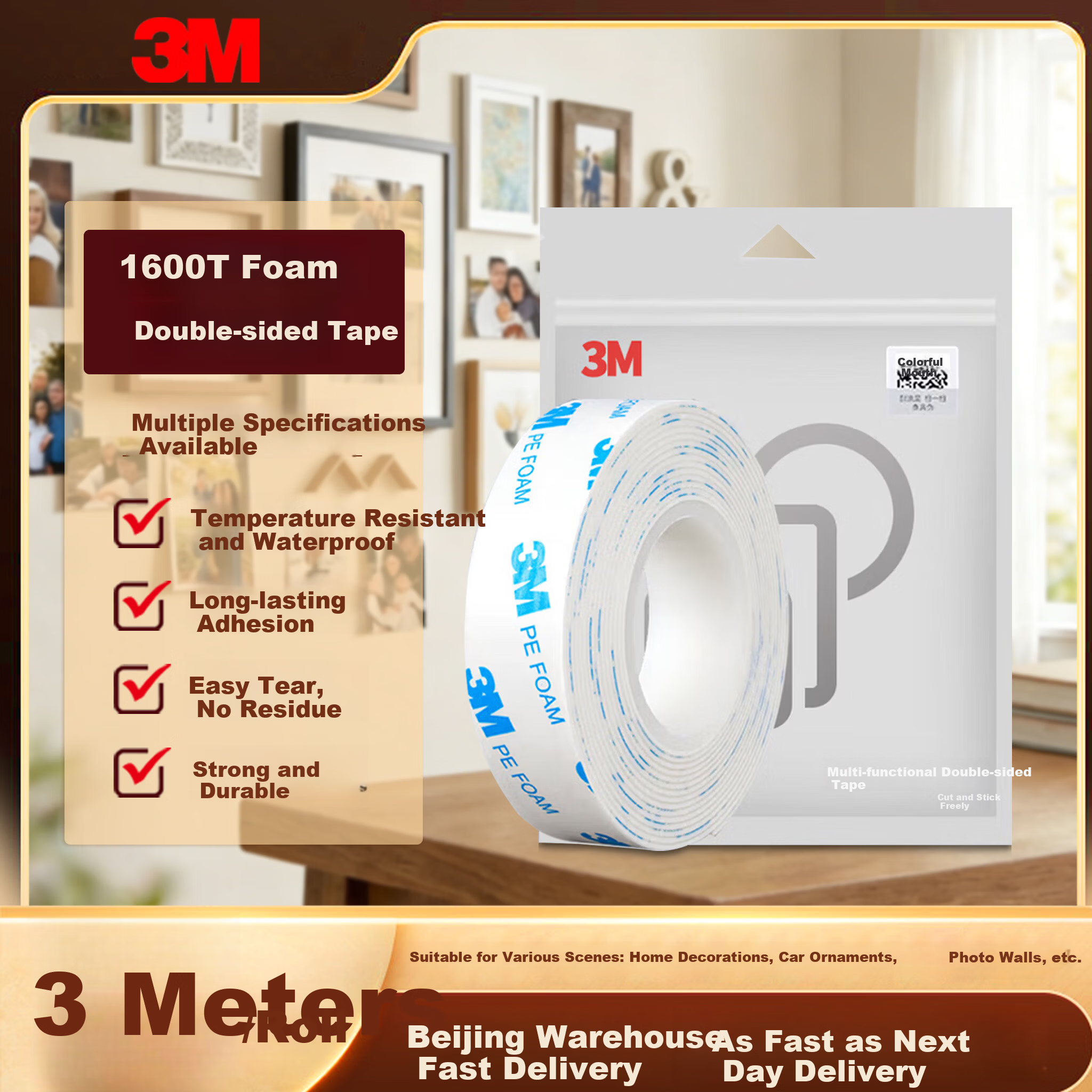 3M Double-Sided Strong Adhesive Tape Waterproof Office Supplies ETC Special Student Stationery Crafting Glue 1600T 10MM*3M