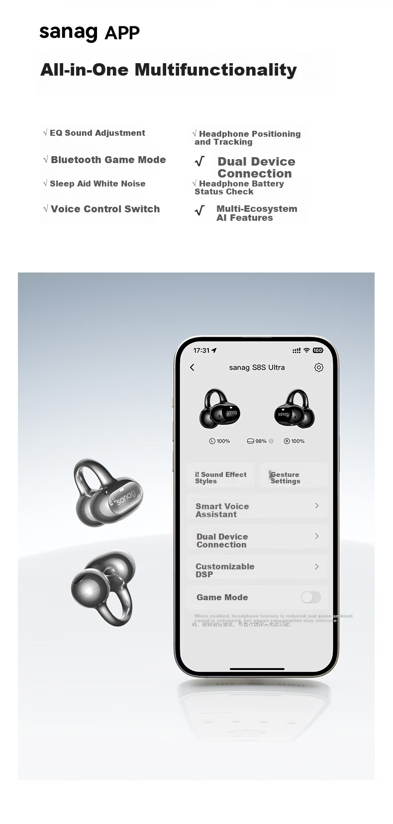 SANAG Sena S8S Ultra Ear Clip Bluetooth Headphones Bone Conduction Open-Style AI Sports Earphones Compatible with Apple Xiaomi White 18