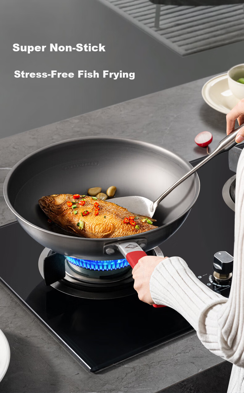 KOBACH 32cm Titanium Non-Coated Non-Stick Wok 316L Stainless Steel Stir-Fry Pan Compatible with Stove 18