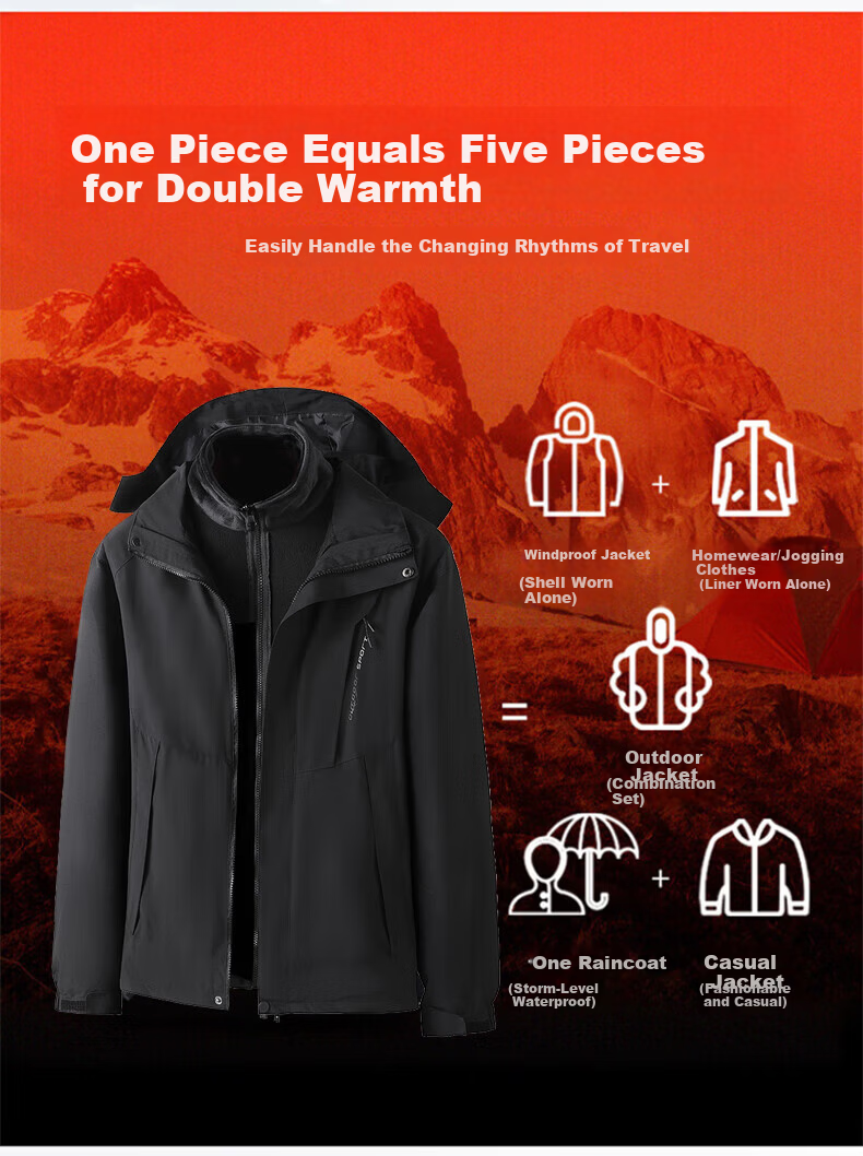 Huili Men's And Women's Three-In Outdoor Windproof Waterproof Mountaineering Jacket, Fleece-Lined Detachable Coat, Gray-Black 5