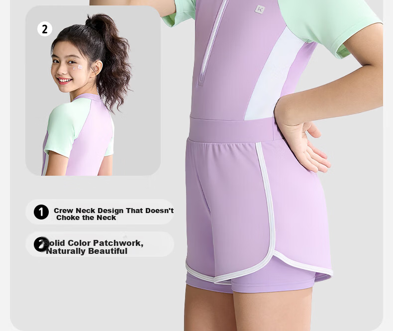 Keep Kids Girls One-Piece Conservative Swimsuit Purple Green Color Block Size 150 9