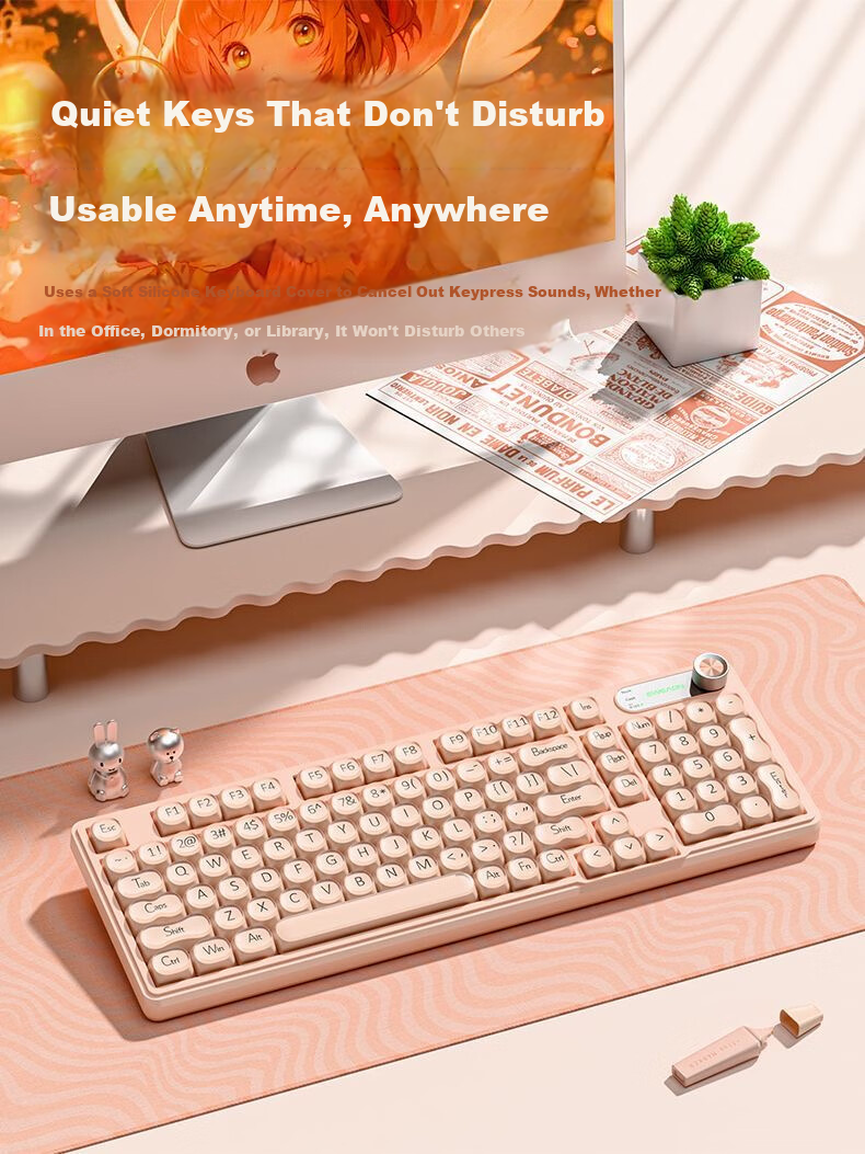 EWEADN V102Air Silent Mechanical Feel Wired Keyboard Pink Foundation High-Value Portable 98-Key Keyboard for Office Gaming Laptop Tablet Peripheral 10