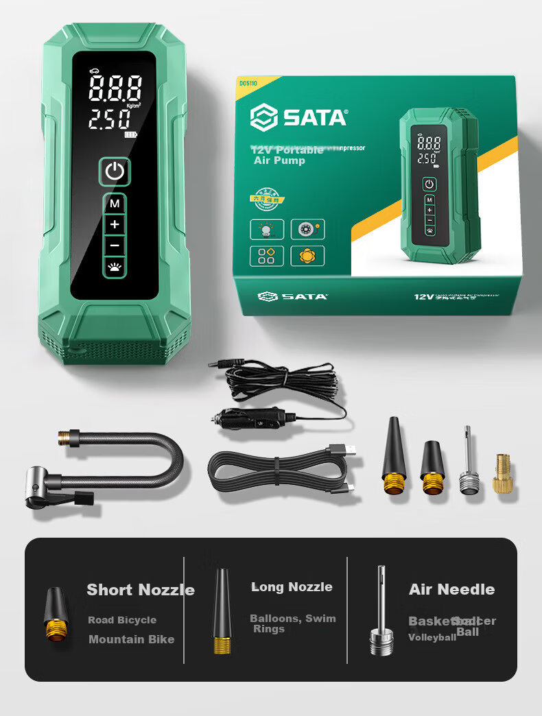 SATA Wireless Car Air Pump with Tire Pressure Detection, Automatic Start-Stop Inflation Pump, Electric Car Air Inflator D05116 16