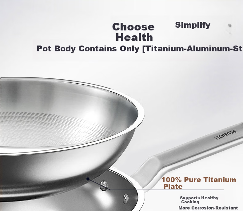 Robam Titanium Frying Pan Pure Titanium Non-Stick Coating-Free Wok Hammered Texture Low Oil Smoke Pan Compatible with Gas and Induction Cookers 32cm 8