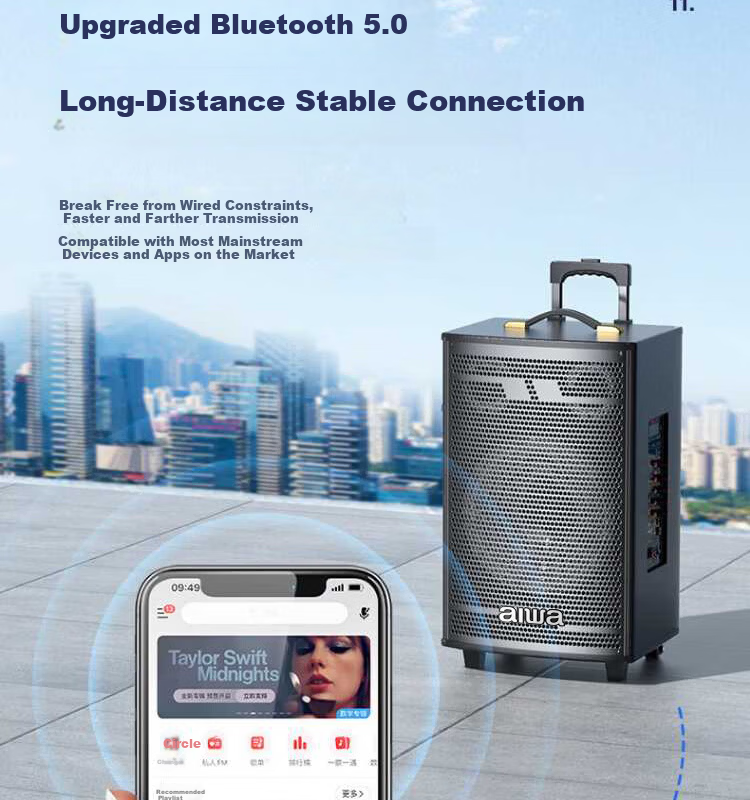 Aiwa A30-12 Bluetooth Outdoor Square Dance Speaker Large Volume Trolley Speaker Triple Speaker Heavy Bass Wooden Cabinet Home Karaoke Mobile Stall 12-inch Dual Microphones 9