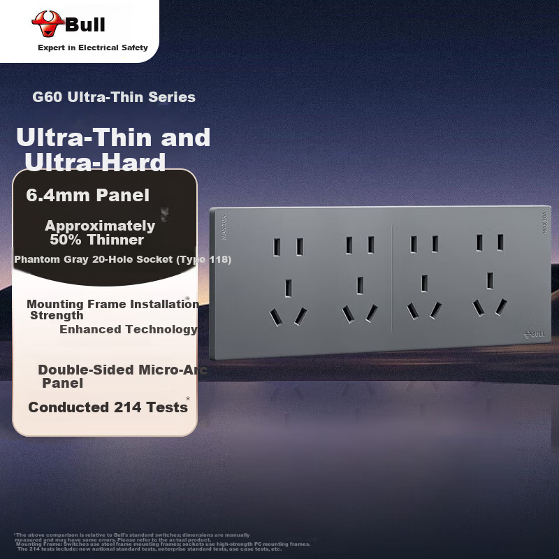 BULL Ultra-Thin Multifunctional 118-Type Switch Socket 20-Hole Panel G60Z456 Phantom Gray