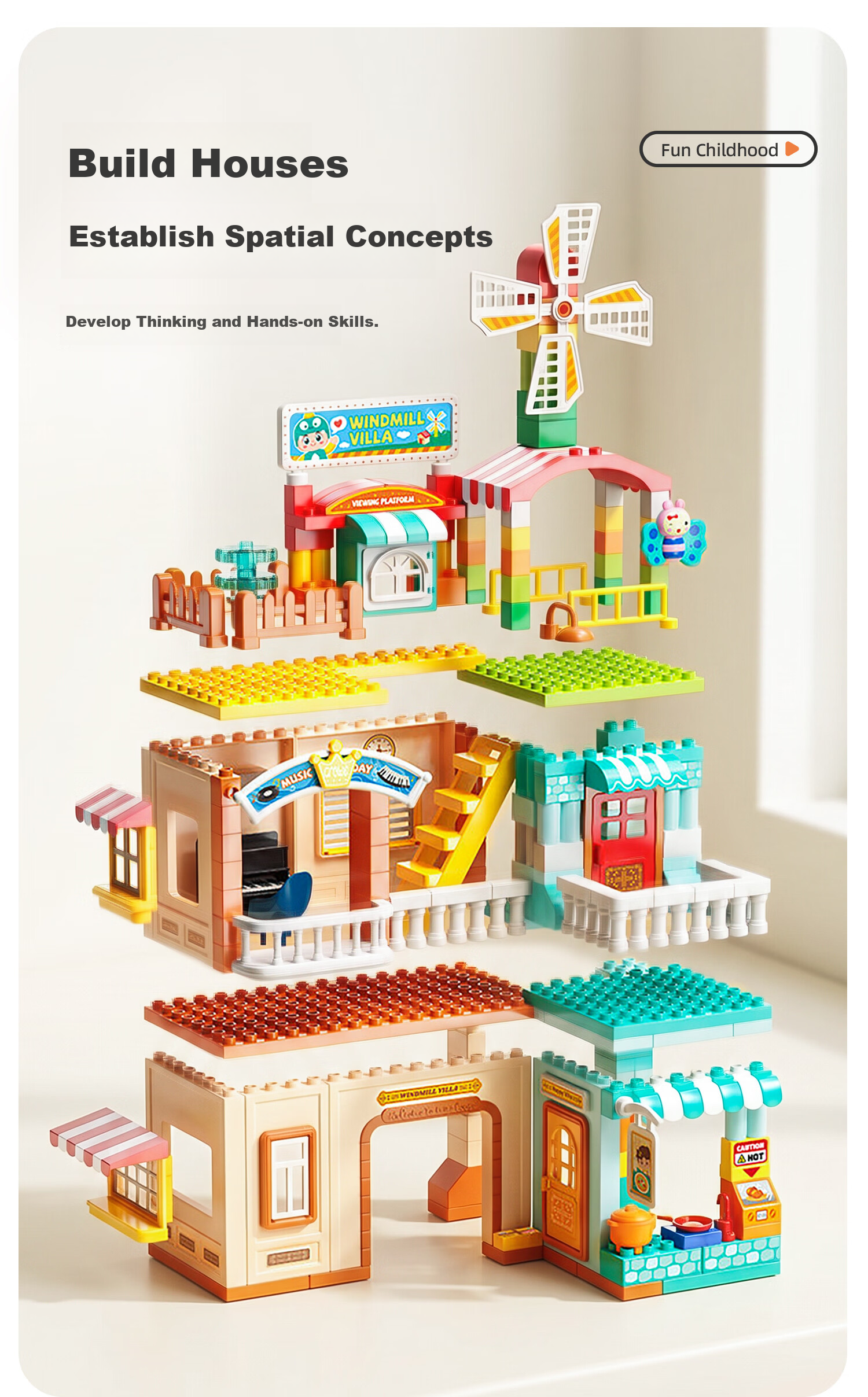 FEELO Compatible LEGO Large Building Blocks Children's Assembly Toy Boys Girls Birthday Gift Windmill Villa Y42007 Bucket 3