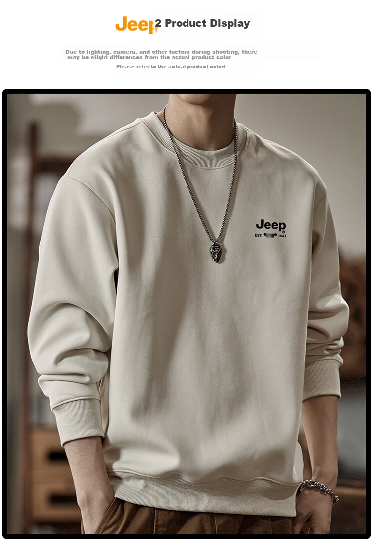 JEEPJEEP Men's Autumn Winter Loose Fit Crew Neck Long Sleeve T-Shirt Base Layer Casual Trendy Top Apricot L 9