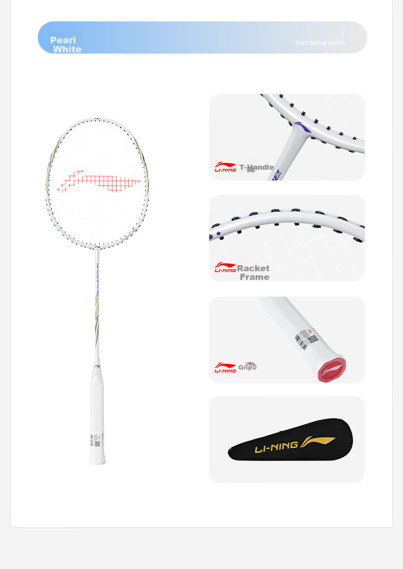 LI-NING Badminton Racket Full Carbon Single Racket Shadow Series Ultra-Light 5U Advanced Training Competition Racket Pearl White Pre-Strung 7
