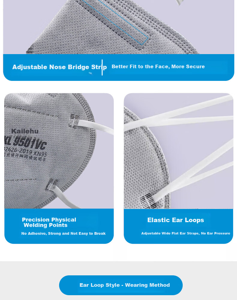 Kailehu KL9502C Activated Carbon Mask KN95 Dustproof Gray PM2.5 Particle Bacteria Protection Renovation Formaldehyde Odor Industrial Dust Smog Breathable Headband 50pcs Individually Packaged 9