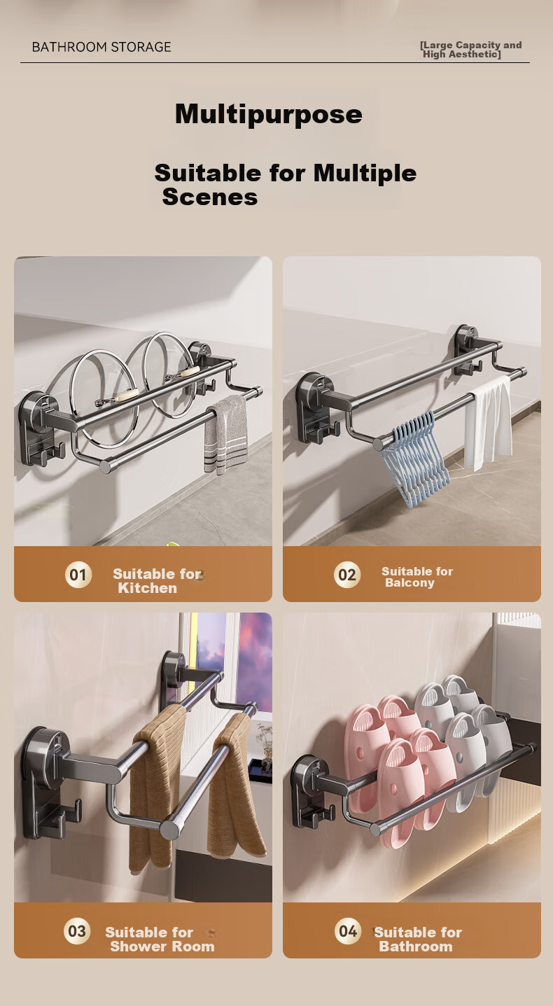 Baihan Suction Cup Towel Rack Bathroom Storage Shelf Wall-Mounted No-Drill Towel Bar Organizer 6