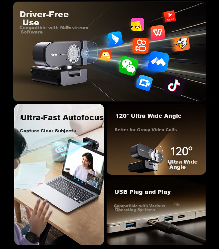 Haoli 4K HD USB External Computer Webcam 12MP Built-in Microphone Desktop Laptop Video Call Office Online Class Live Streaming Conference Universal 2