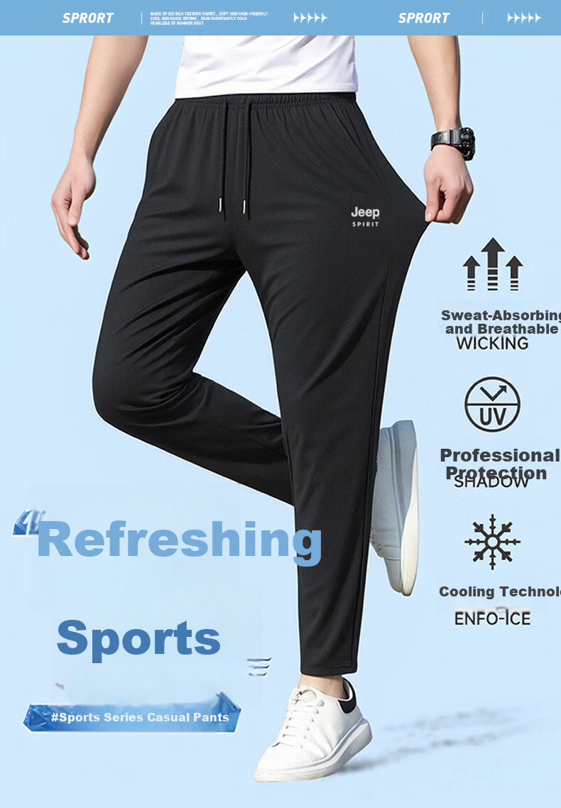 JEEP SPIRIT Men's Ice Silk Quick-Dry Summer Pants Outdoor Running Sun Protection Breathable Lightweight Sports Pants Black XL 2