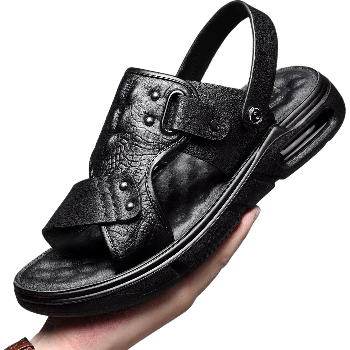 PLAYBOY Men's Leather Sandals, Genuine Leather, Summer, Dual-Use for Dad And Outdoor Wear, Beach Shoes, Lightweight Air Cushion, Black, Size 43